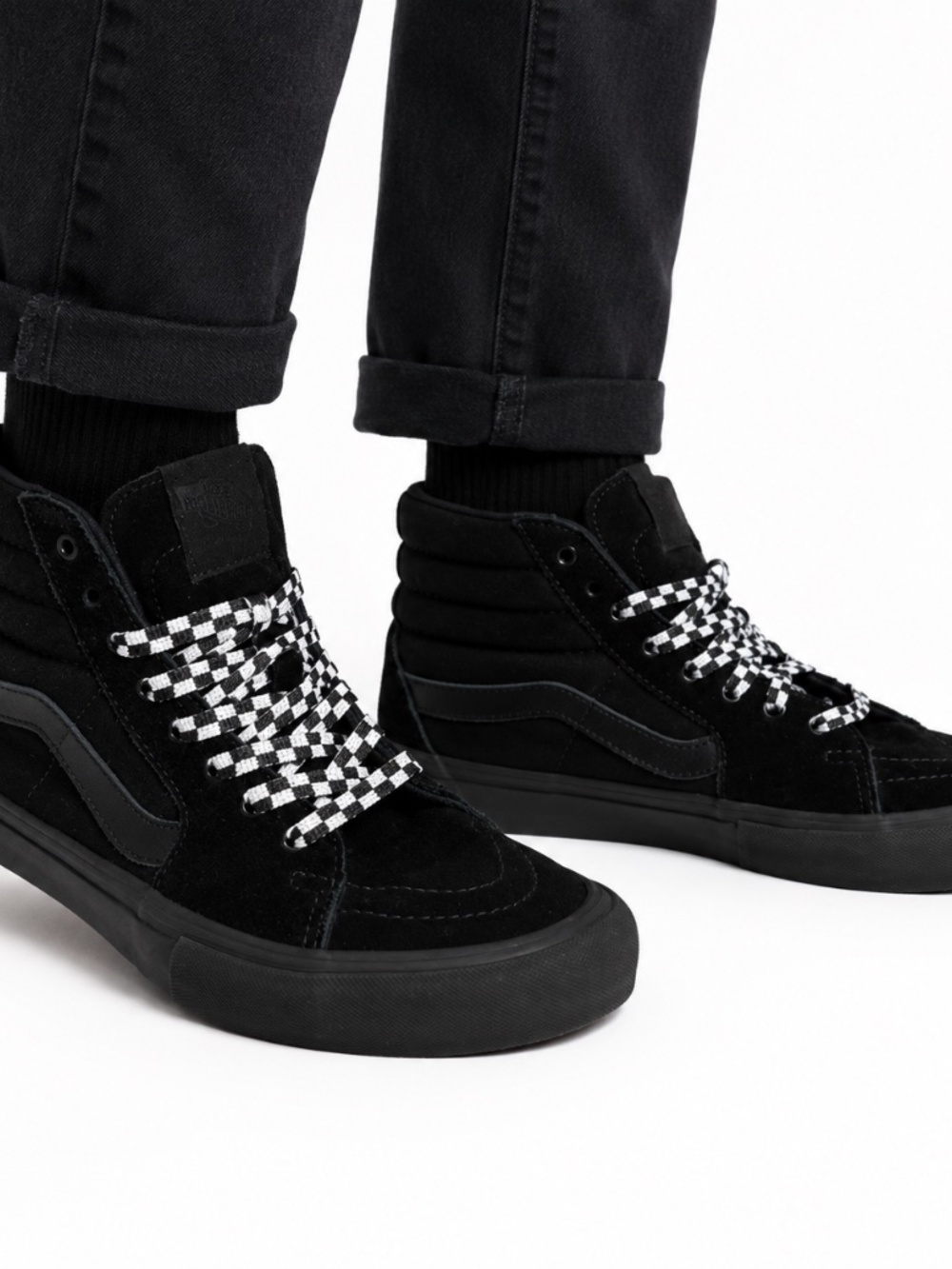Vans Sk8-Hi Blackout Suede High Top Sneakers Checkerboard Laces Men's